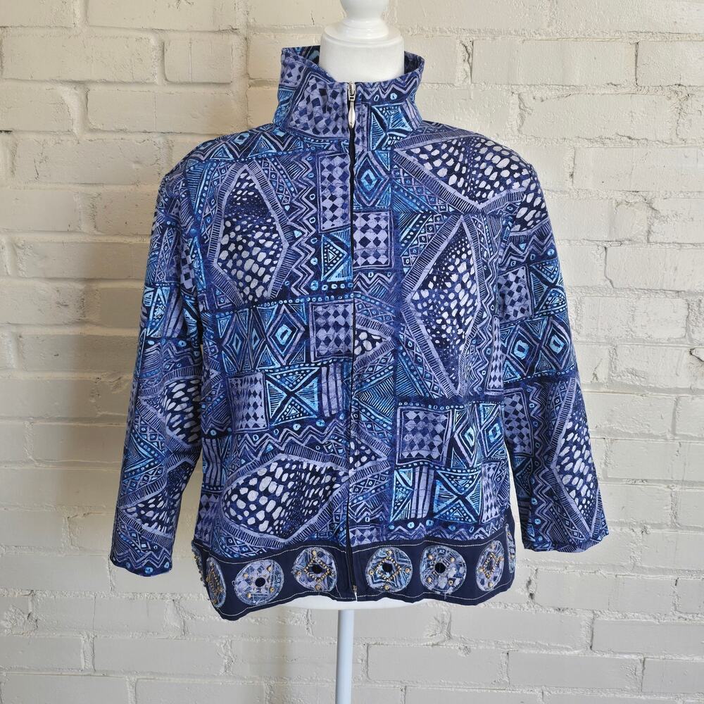 ​Boho Artistic Geometric Print Zip Up Jacket Blue Indigo Beaded Hem PXL